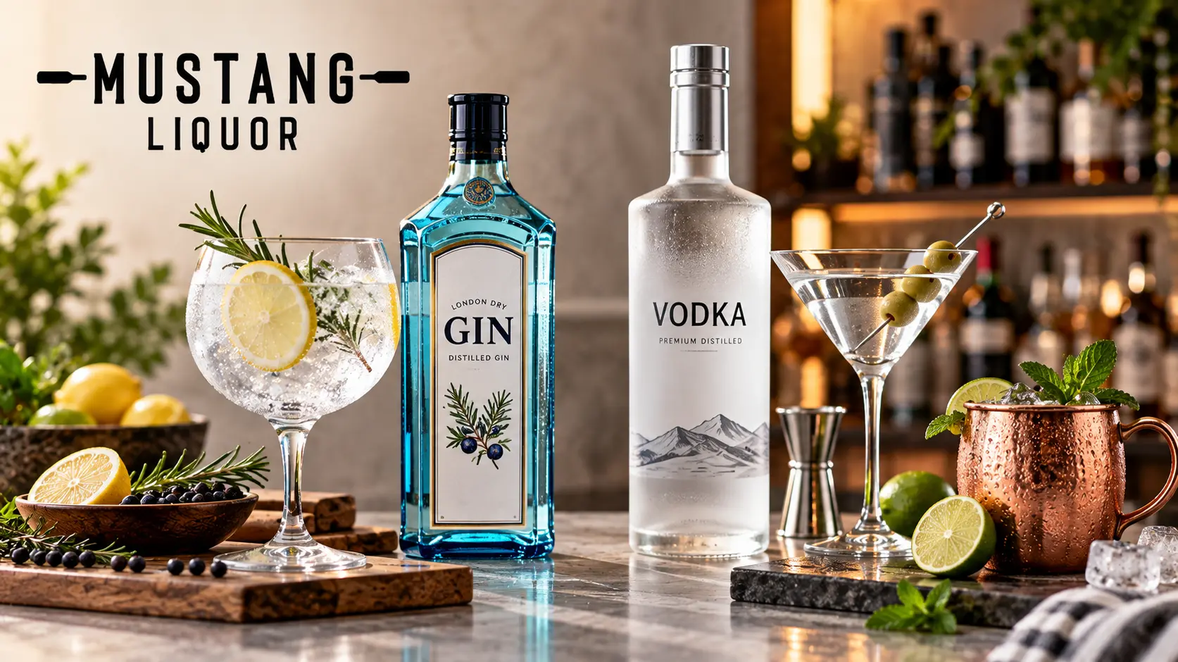 Gin and vodka bottles with cocktails showing the difference between the two clear spirits