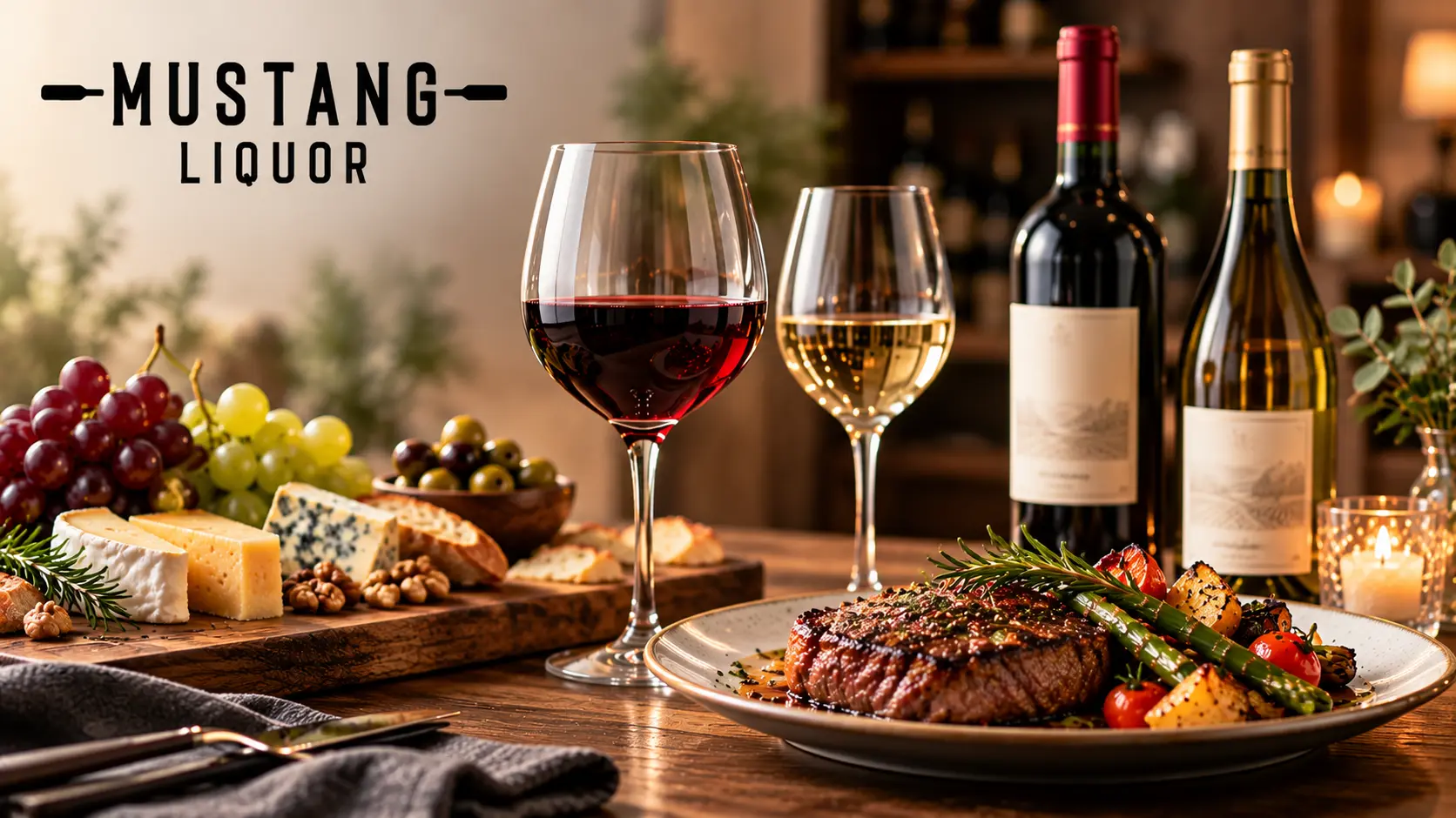 Choosing the perfect wine for dinner with different wine bottles and a plated meal